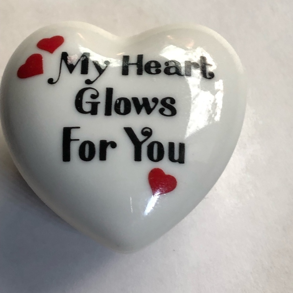 Vintage Glass Heart shaped Trinket Box says “My Heart Glows For You”